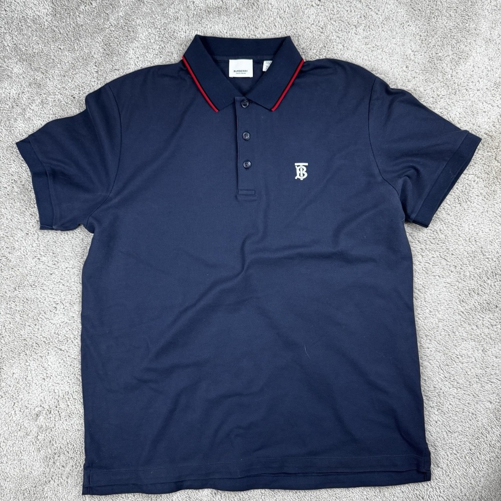 Burberry TB Monogram Navy Blue Pique Polo Shirt Red Tipped Collar XL 8017007